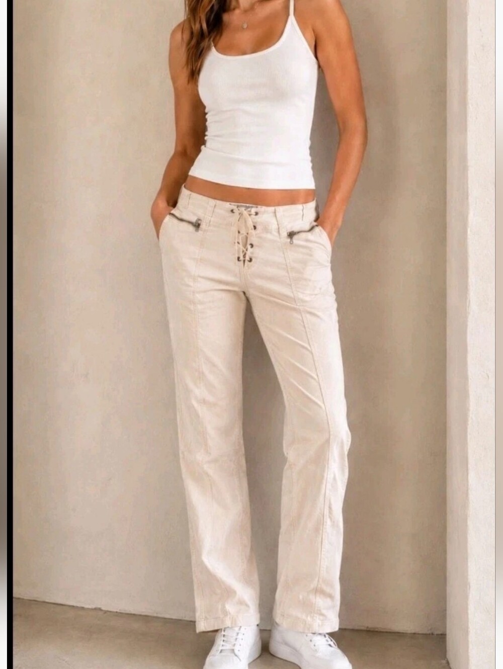 Express Precision Fit Women's Light Beige Chinos with Lace Up Front Size 11/12